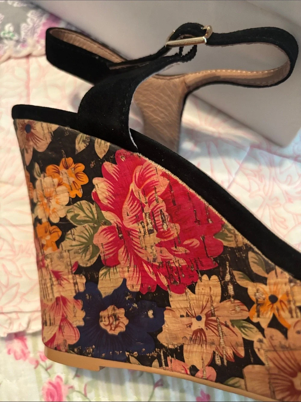 Anthropologie Black Suede Floral Cork-Style Platform Wedge Sandals